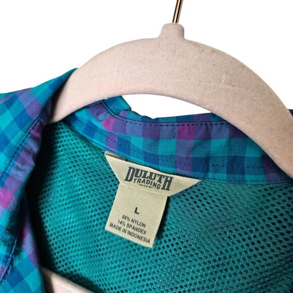 Duluth Trading Womens Large Blue Purple Plaid Button-Up Shirt Fishing Zip Pocket - Picture 2 of 13